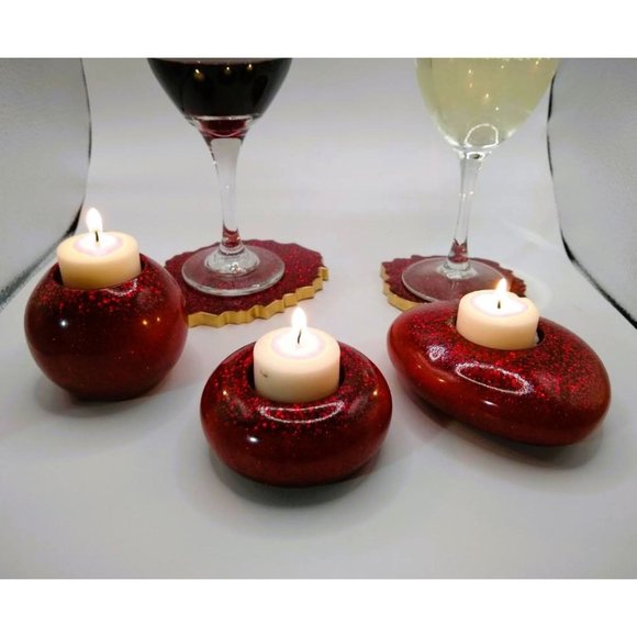 Coasters and Tea Light Candle Holders 5 Piece Set Red Glitter Handmade NEW - Picture 1 of 10